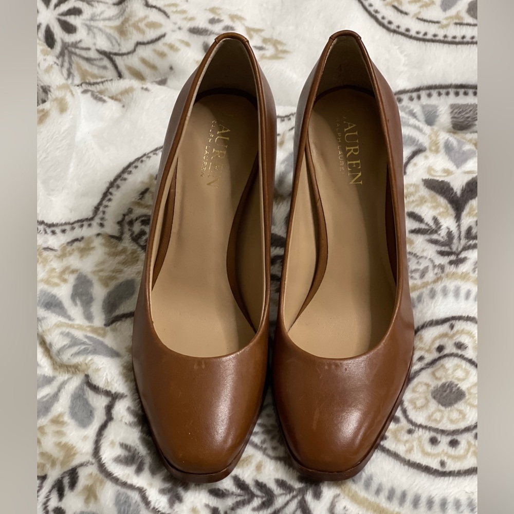 🔥 🔥 Ralph Lauren Brown Leather Heels with Block Heel